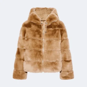 Hooded jacket in technical fabric reversible rex rabbit fur