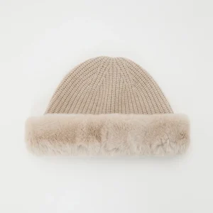 Cashmere and wool knit beanie with rex rabbit fur turn-up