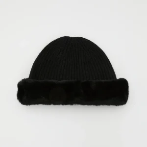 Cashmere and wool knit beanie with rex rabbit fur turn-up