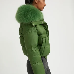 Short down jacket with fluffy lambswool trim