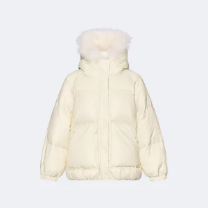 Short down jacket with raglan sleeves and fluffy lambswool trim