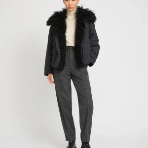 Short ultra-light down jacket with curly lambskin trim