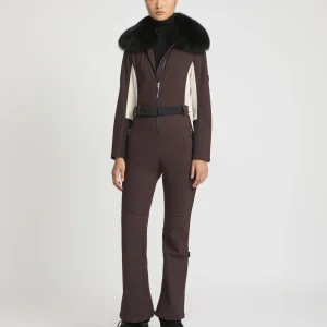 Softshell fabric jumpsuit with detachable fox fur collar