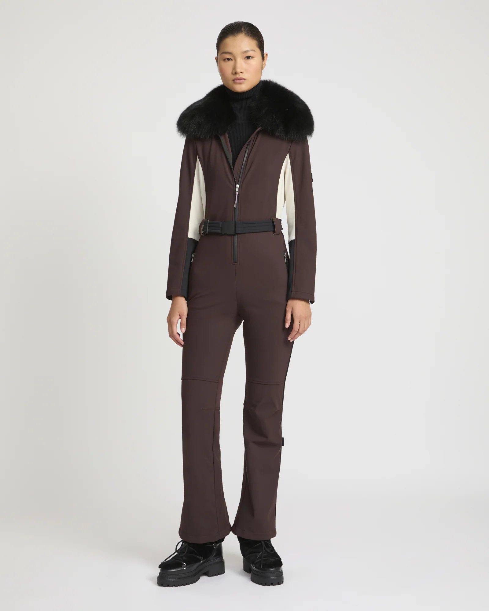 Softshell fabric jumpsuit with detachable fox fur collar