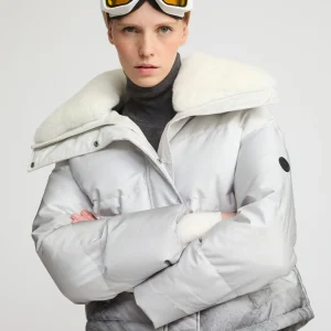 Short down jacket in waterproof fabric and Rex rabbit fur trim