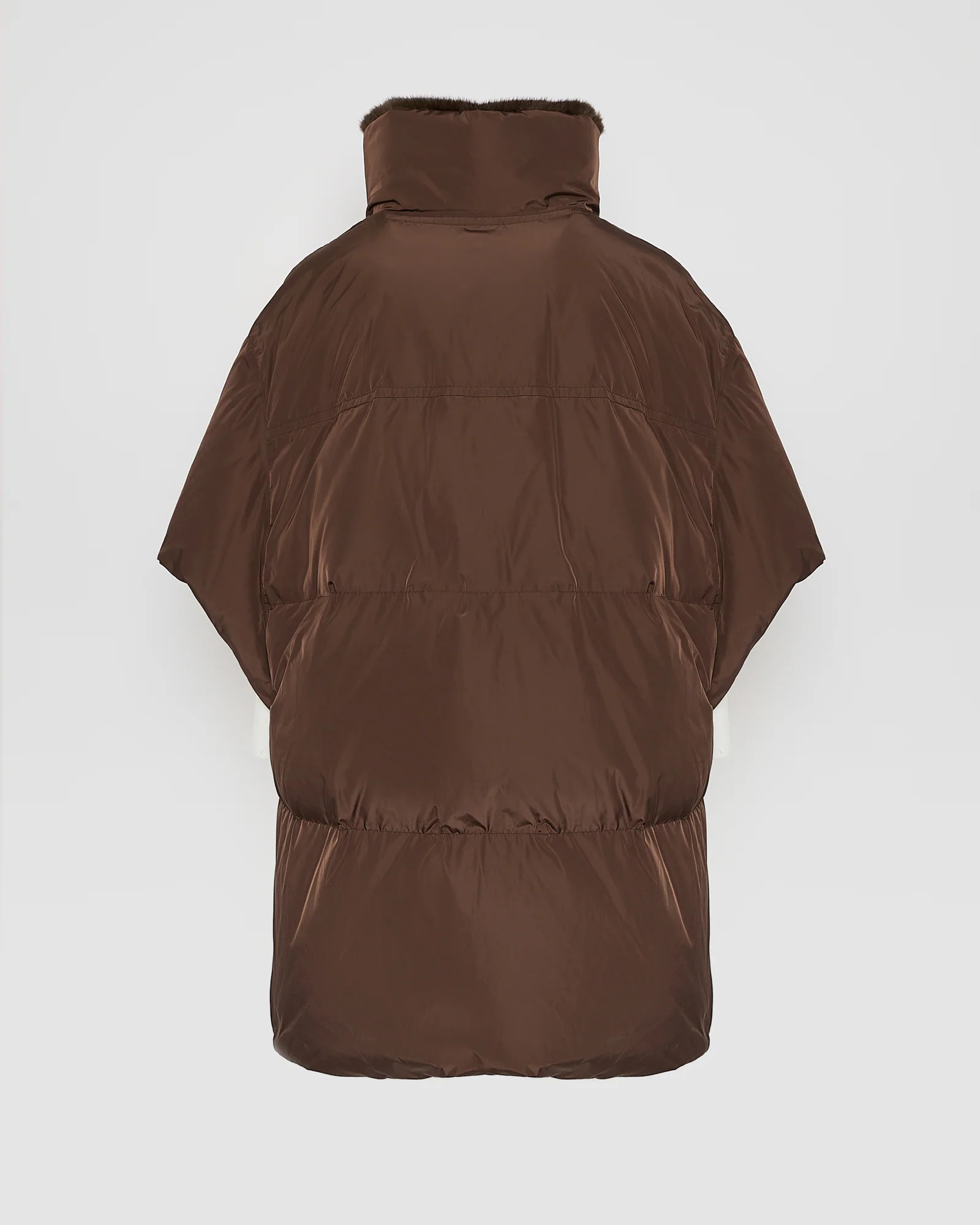 Technical fabric down cape with mink fur stand collar and lining. – Image 7