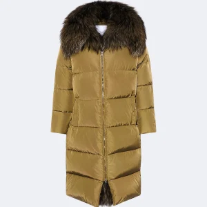 Technical fabric maxi down jacket with large detachable fox fur collar