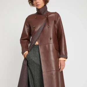 Double-breasted coat in bonded leather and wool