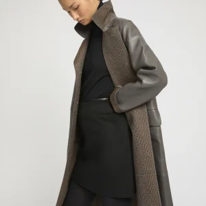 Double-breasted coat in bonded leather and wool