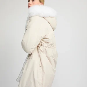 Hooded coat in technical fabric reversible rex rabbit fur