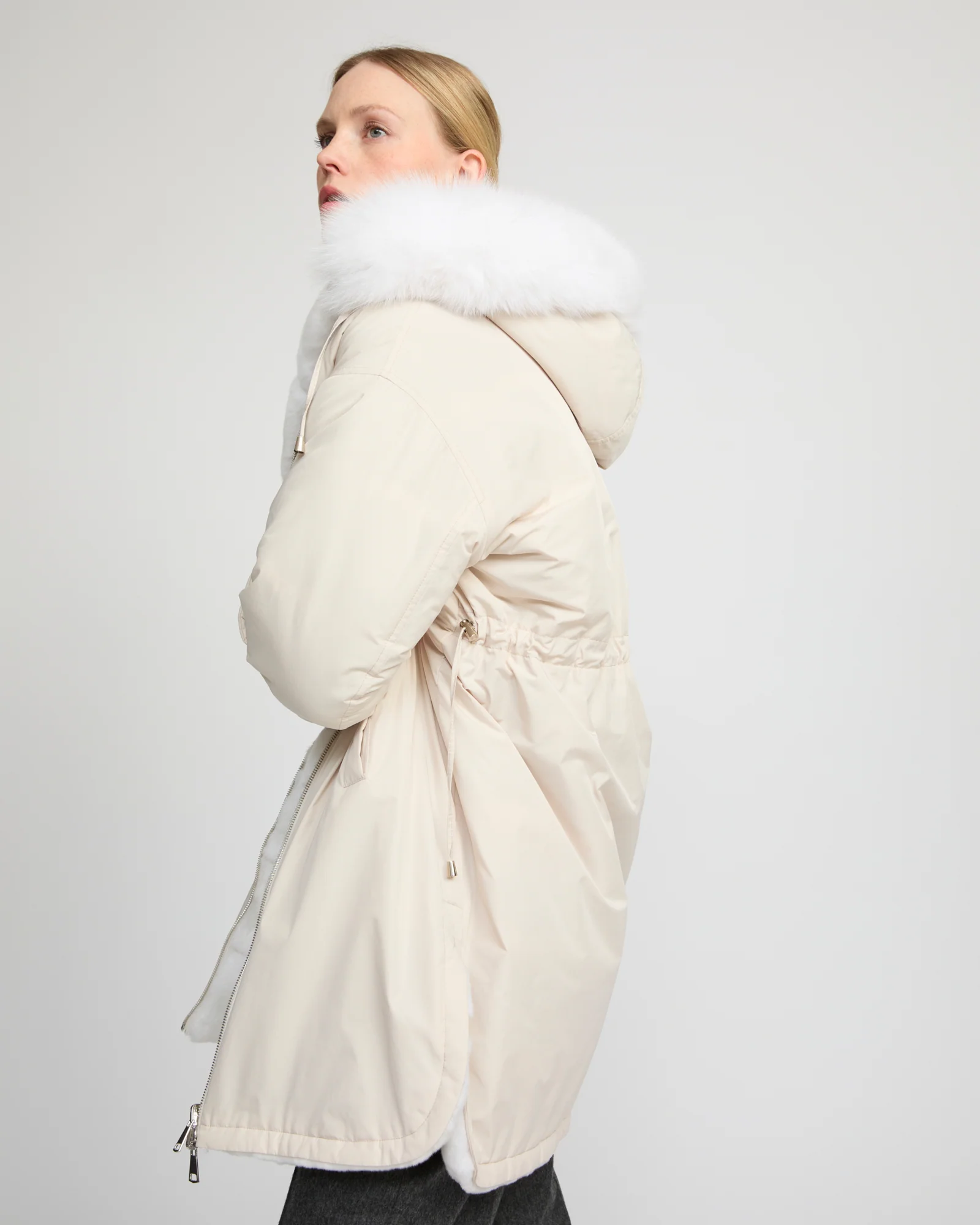 Hooded coat in technical fabric reversible rex rabbit fur