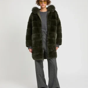 Hooded coat in technical fabric reversible rex rabbit fur
