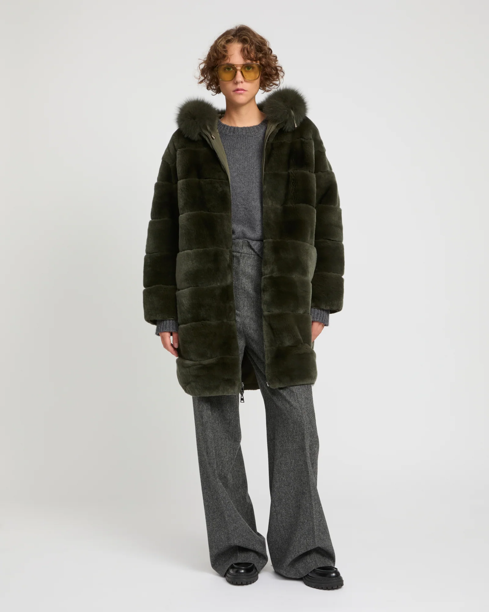 Hooded coat in technical fabric reversible rex rabbit fur – Image 2