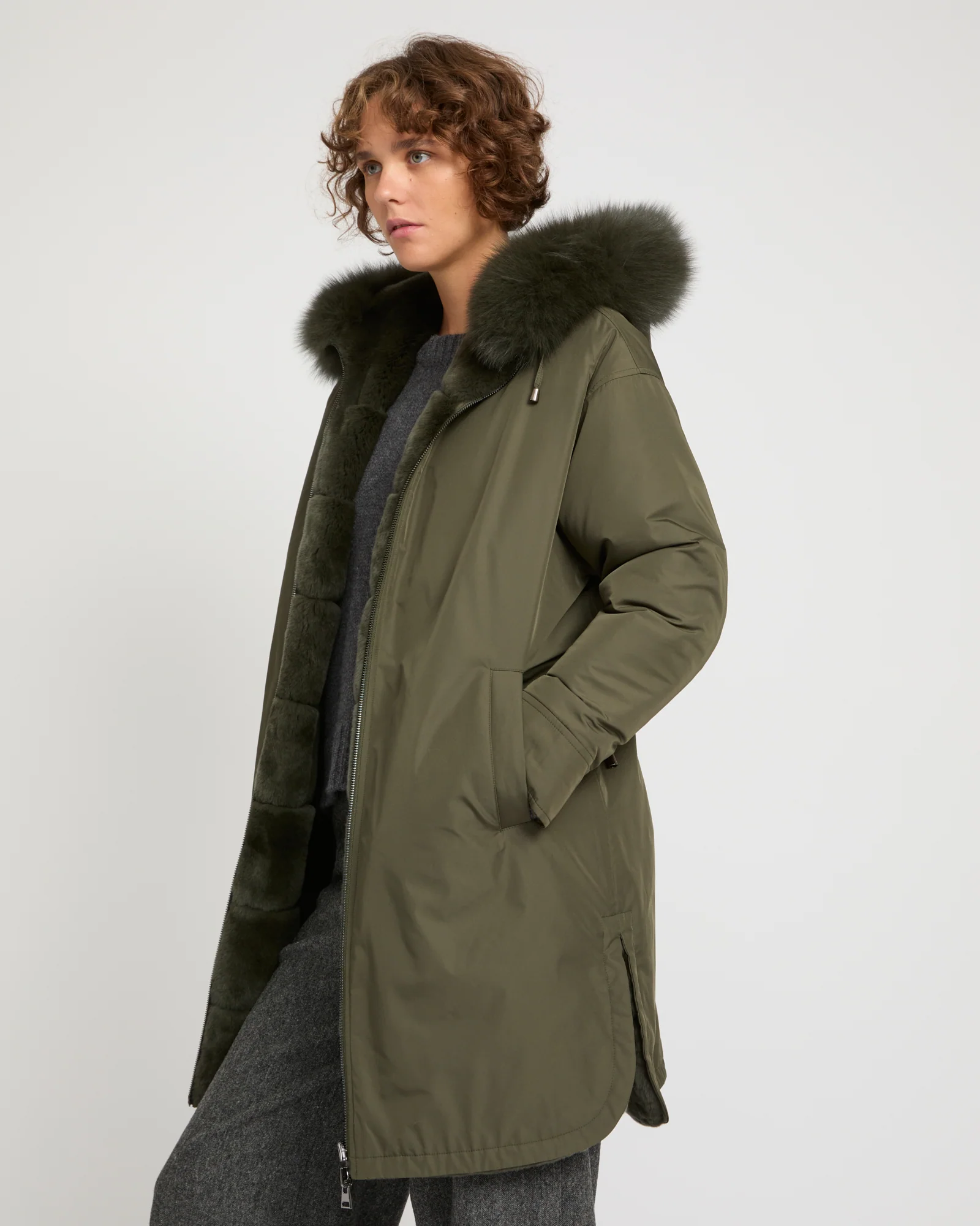 Hooded coat in technical fabric reversible rex rabbit fur – Image 4