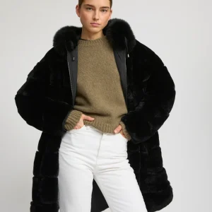 Hooded coat in technical fabric reversible rex rabbit fur