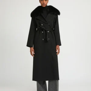 Belted coat in cashmere wool with fox fur collar