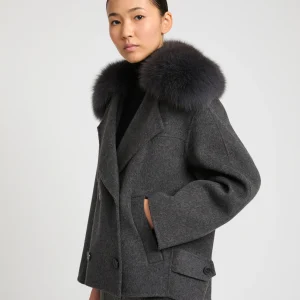 Cashmere-blend pea jacket with removable fox fur collar
