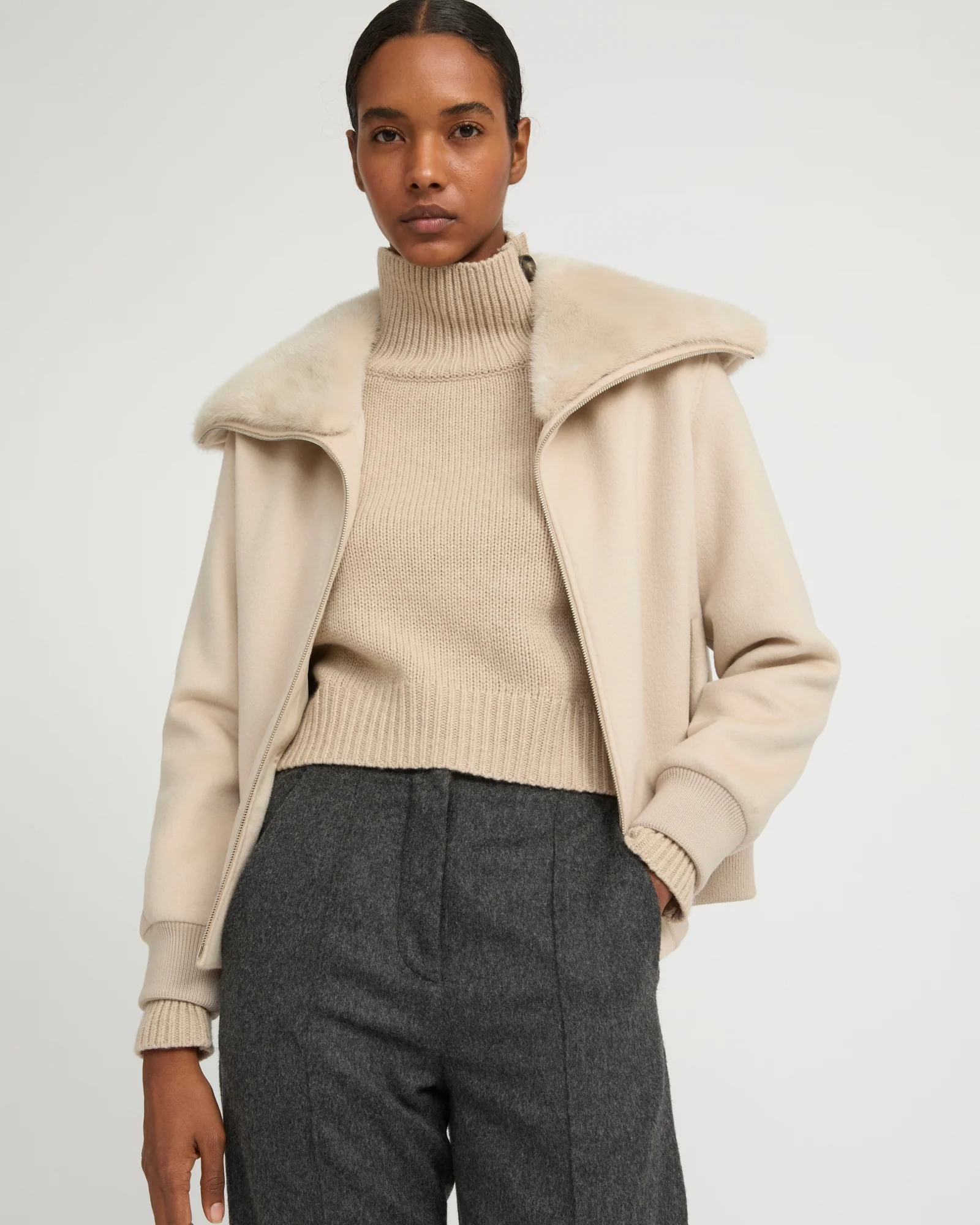 Cashmere-blend cropped blouson with removable mink fur collar