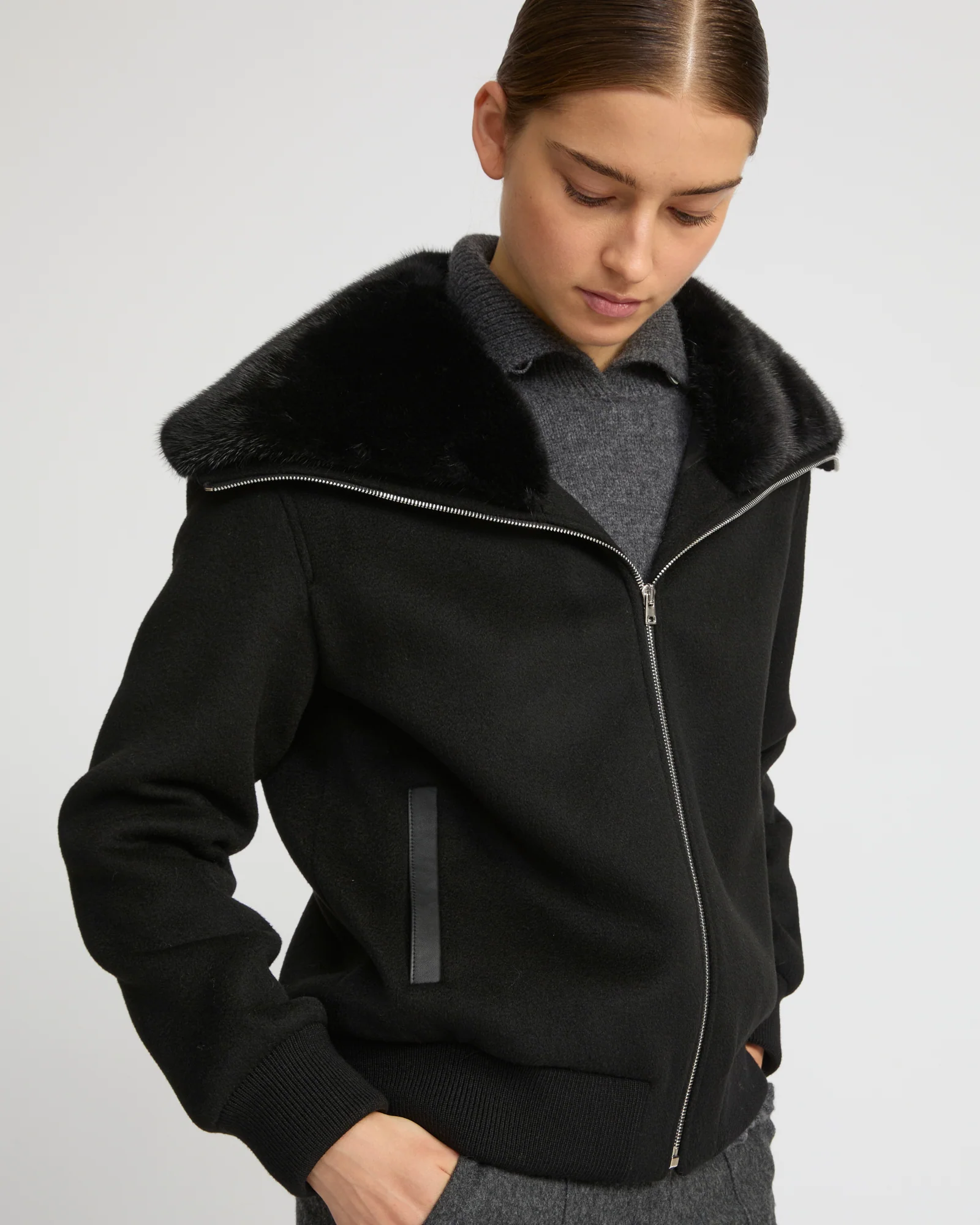 Cashmere-blend cropped blouson with removable mink fur collar