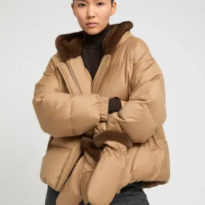 Short hooded down jacket with mink fur inner hood and removable mittens