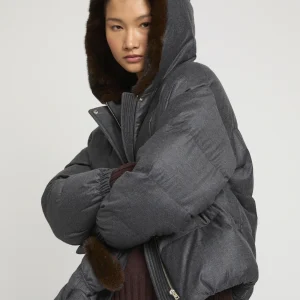 Short hooded down jacket with mink fur inner hood and removable mittens