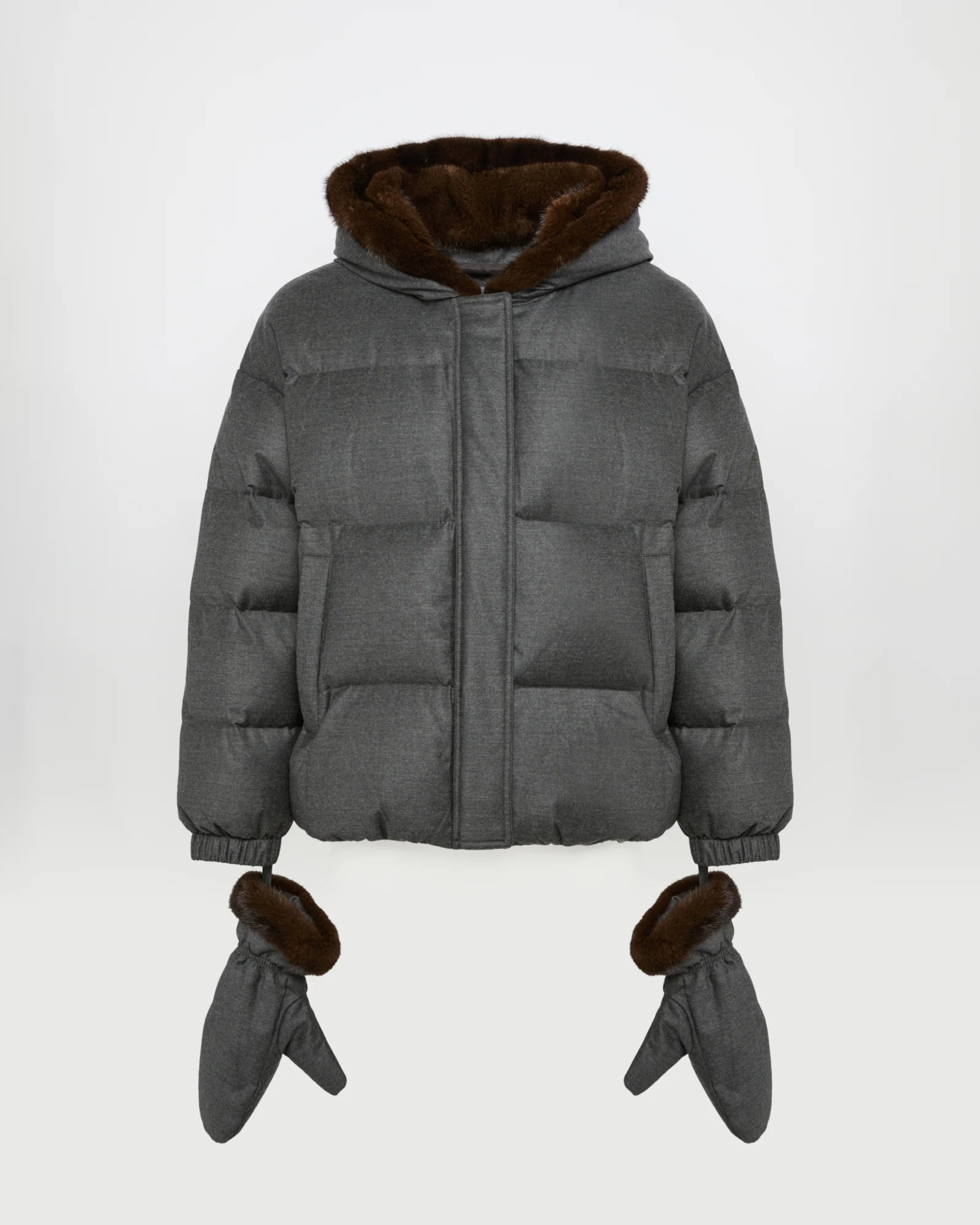 Short hooded down jacket with mink fur inner hood and removable mittens – Image 6