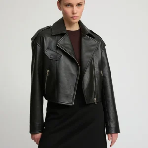 Cropped lambskin biker jacket