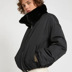 Boxy jacket in technical fabric reversible rex rabbit fur