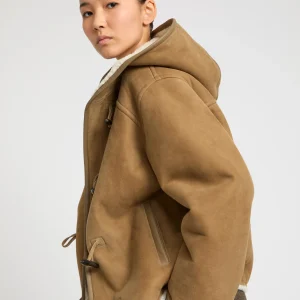 Hooded coat in Merino suede lambskin