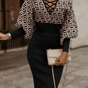 Robe crayon taille haute à manches longues et col en V pour femmes