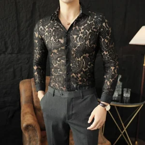 Chemise Transparente en Maille et Dentelle pour Homme