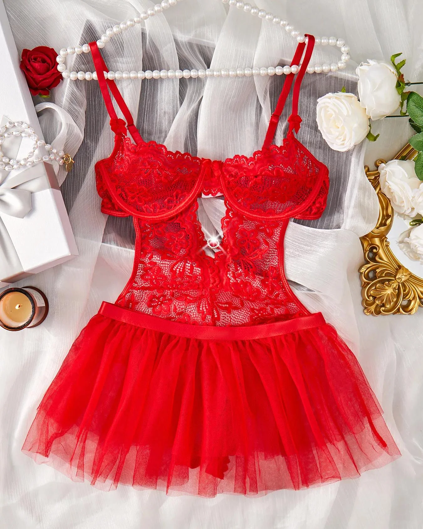 Ensemble soutien-gorge et jarretelles en dentelle transparente – Image 2