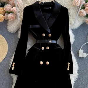 Blazer à double boutonnage imbibé de velours pour femmes avec ceinture