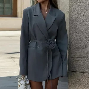 Blazer rétro à manches longues avec ceinture pour femme