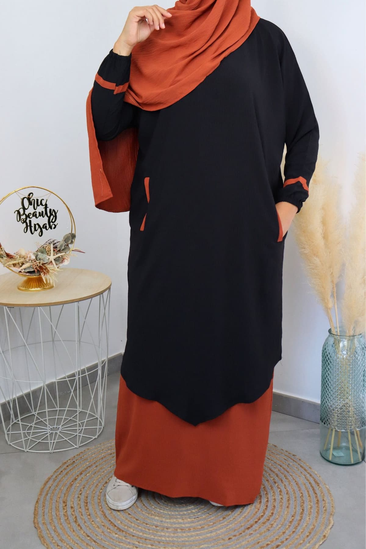Abaya 3 pièces Myriam noire orange