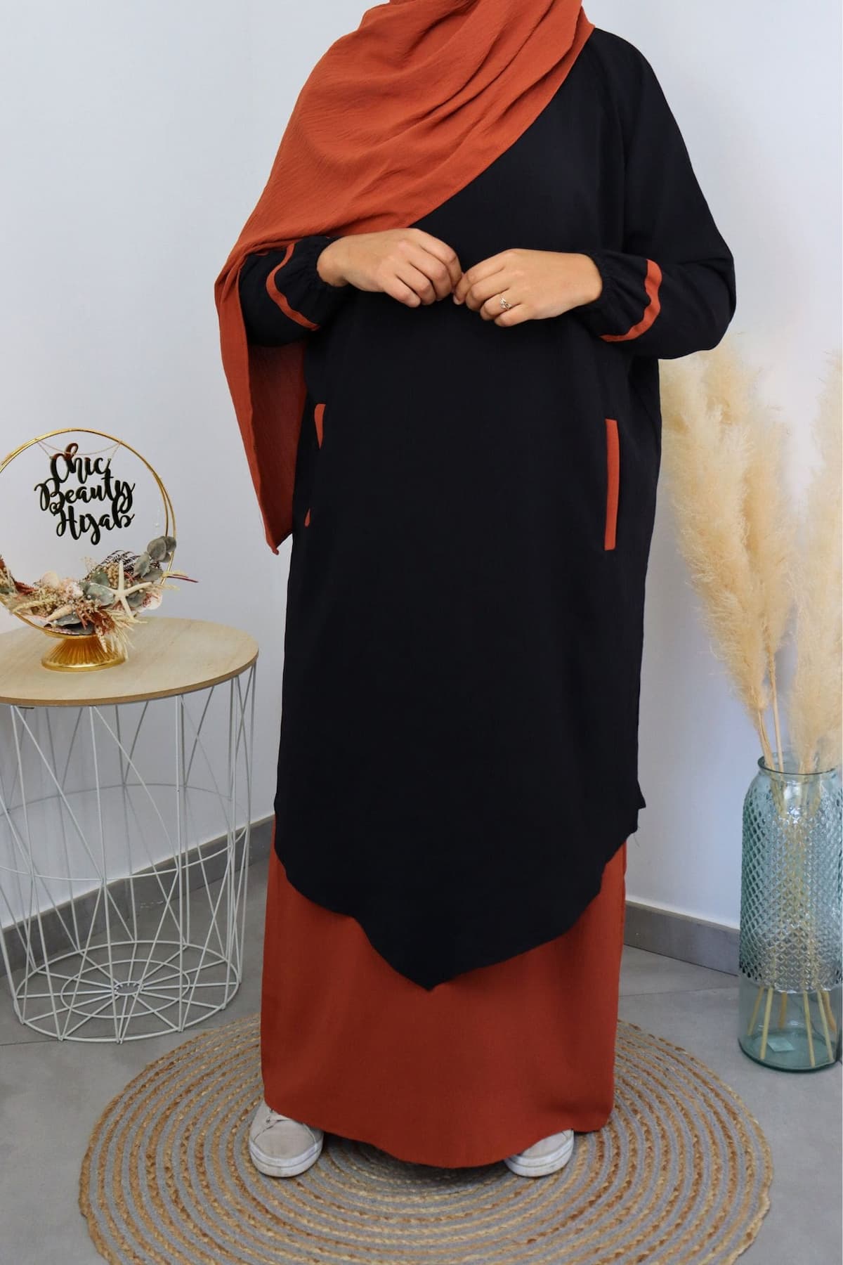 Abaya 3 pièces Myriam noire orange – Image 4
