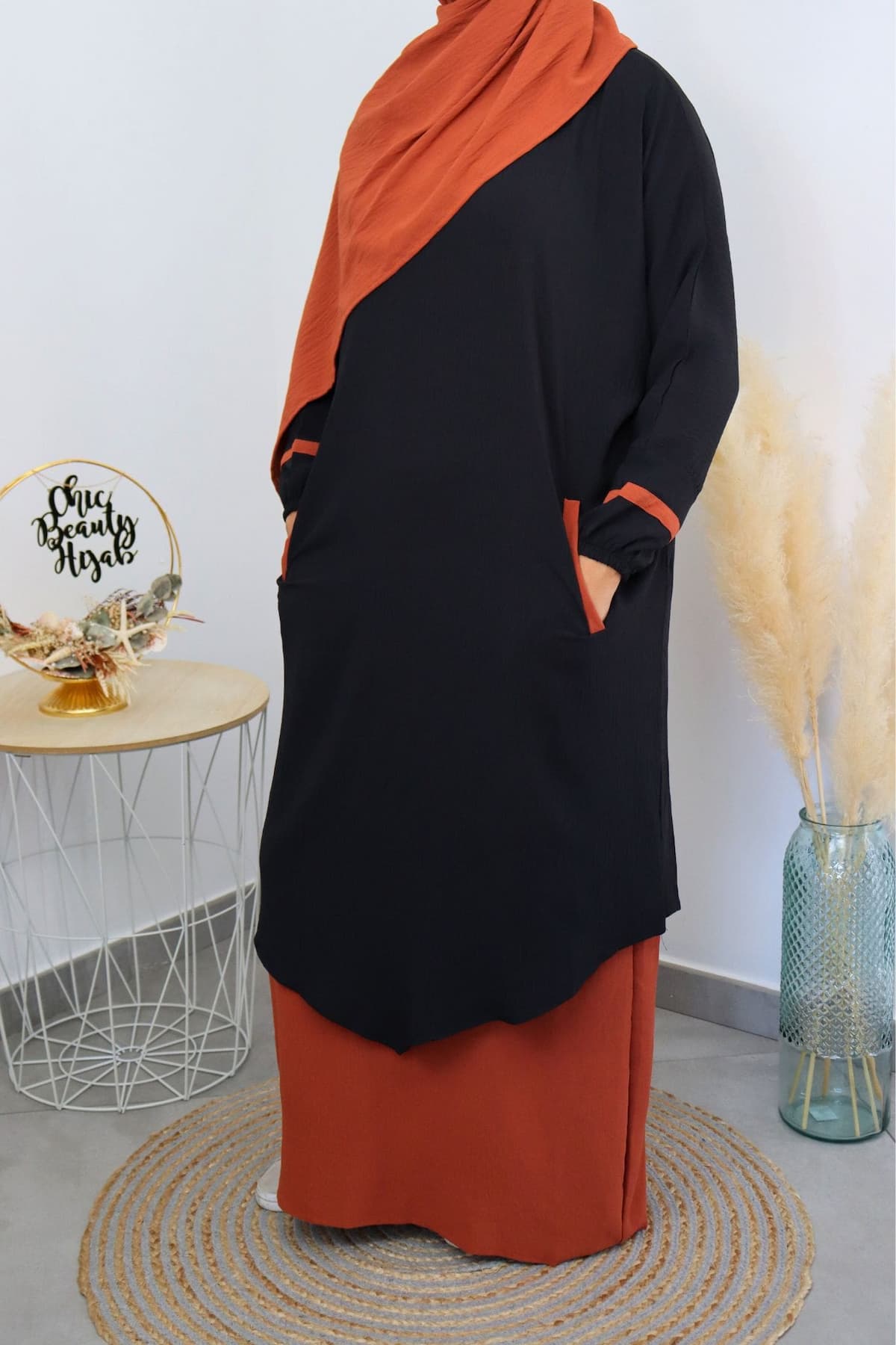 Abaya 3 pièces Myriam noire orange – Image 6