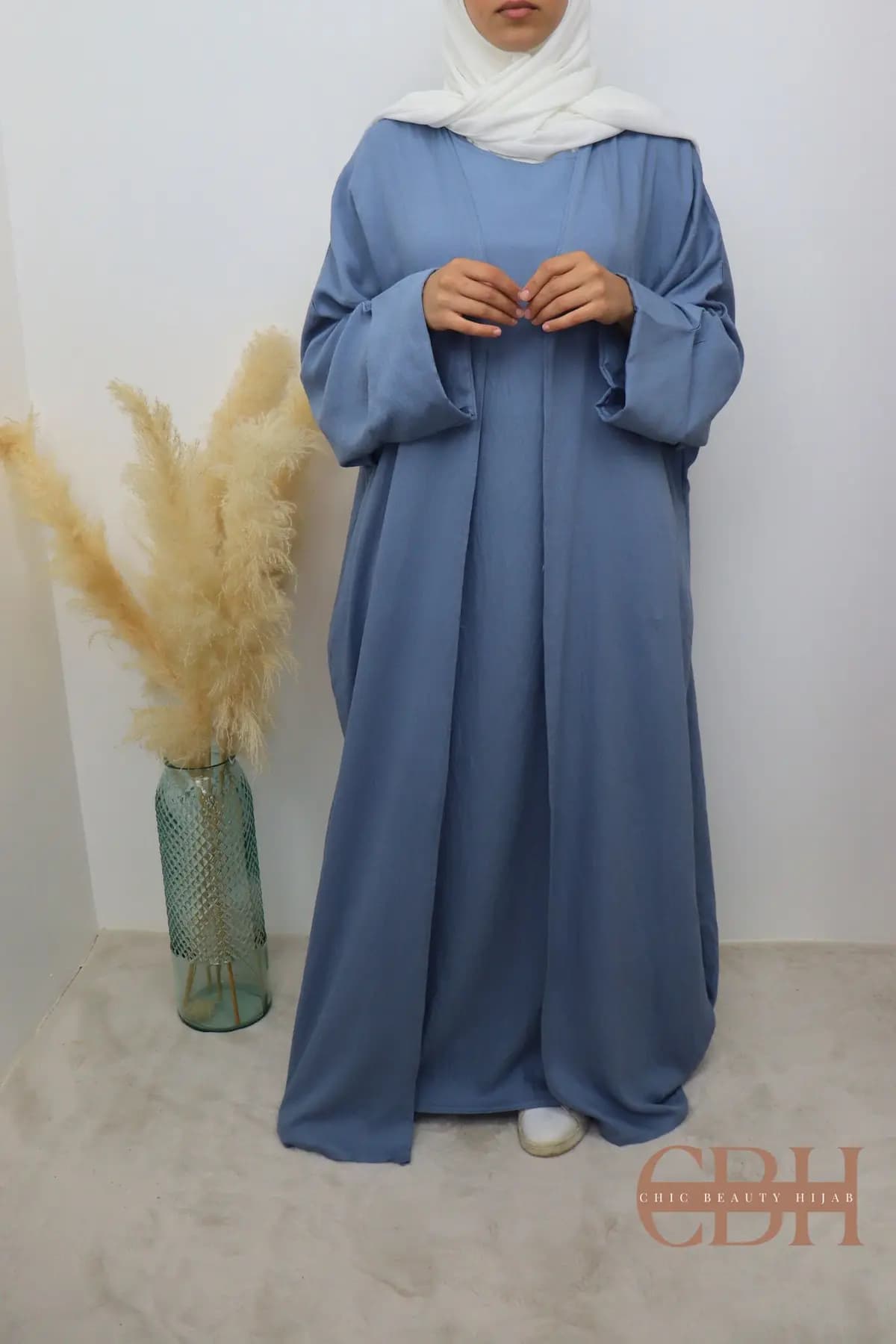 Abaya Kimono 2 Pièces effet Lin Bleu – Image 2