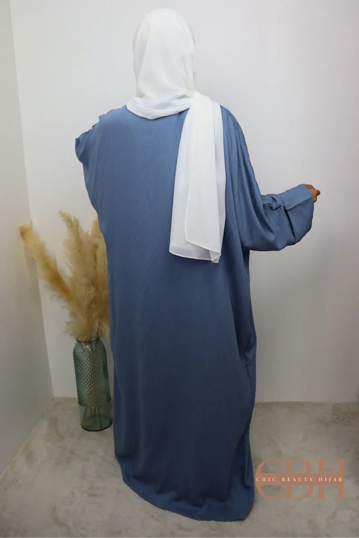 Abaya Kimono 2 Pièces effet Lin Bleu – Image 4