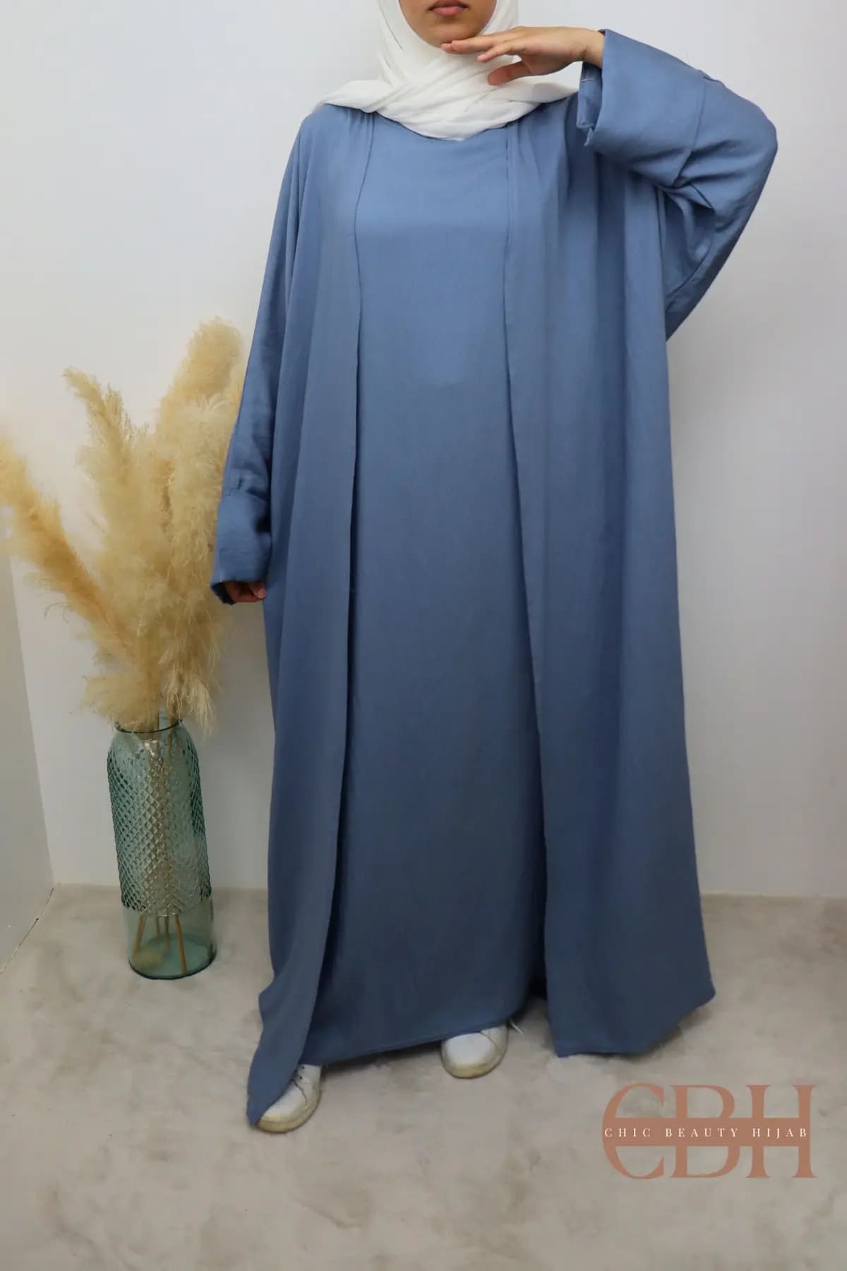 Abaya Kimono 2 Pièces effet Lin Bleu – Image 5
