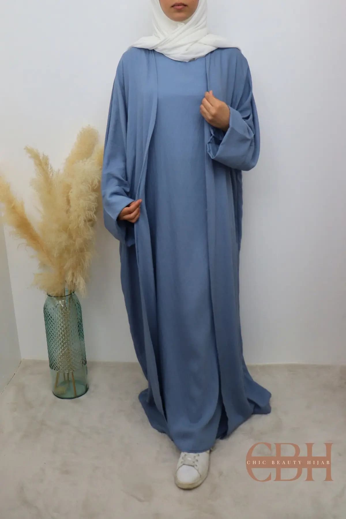 Abaya Kimono 2 Pièces effet Lin Bleu – Image 6