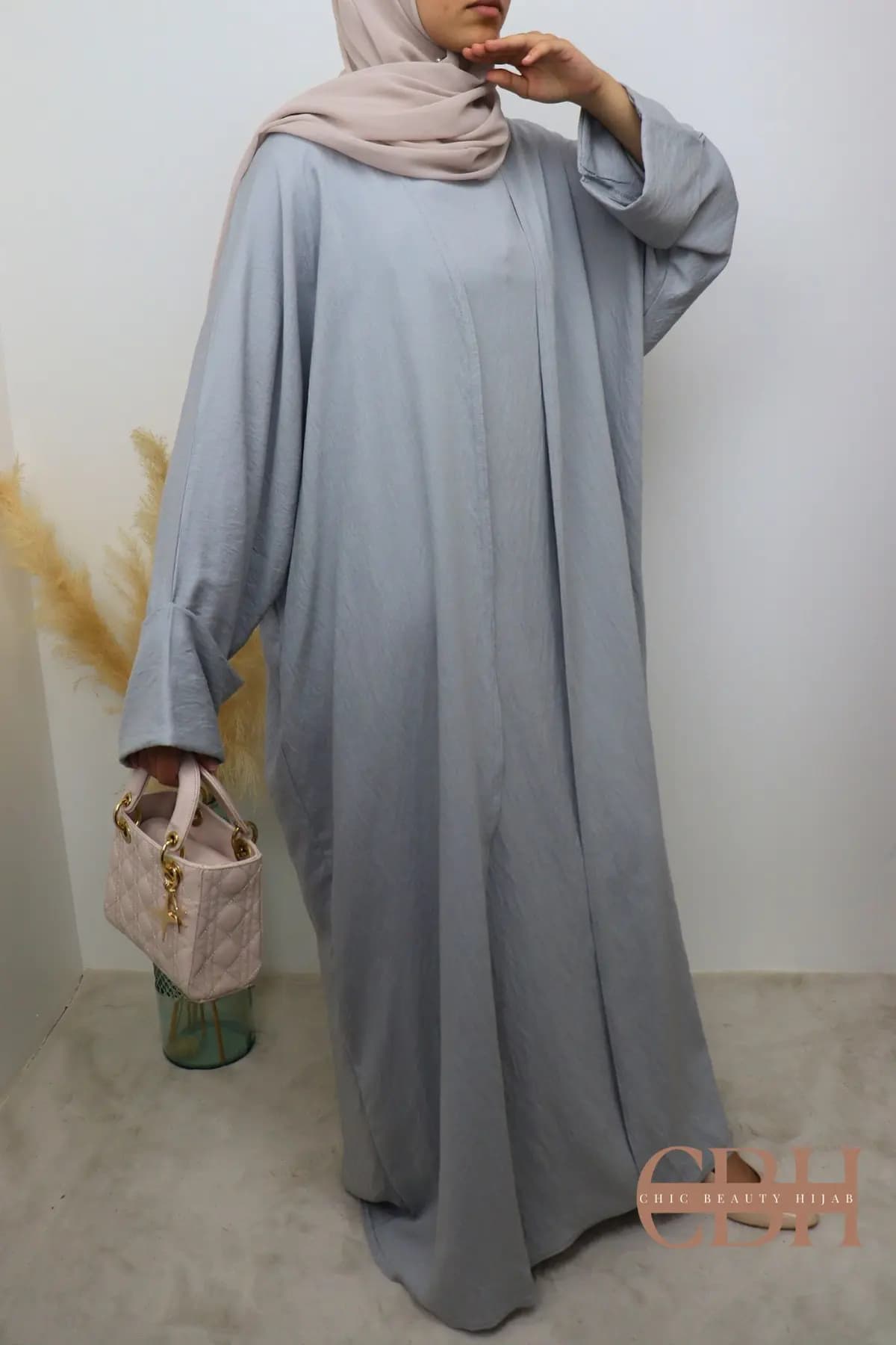 Abaya Kimono 2 pièces effet Lin Gris – Image 2