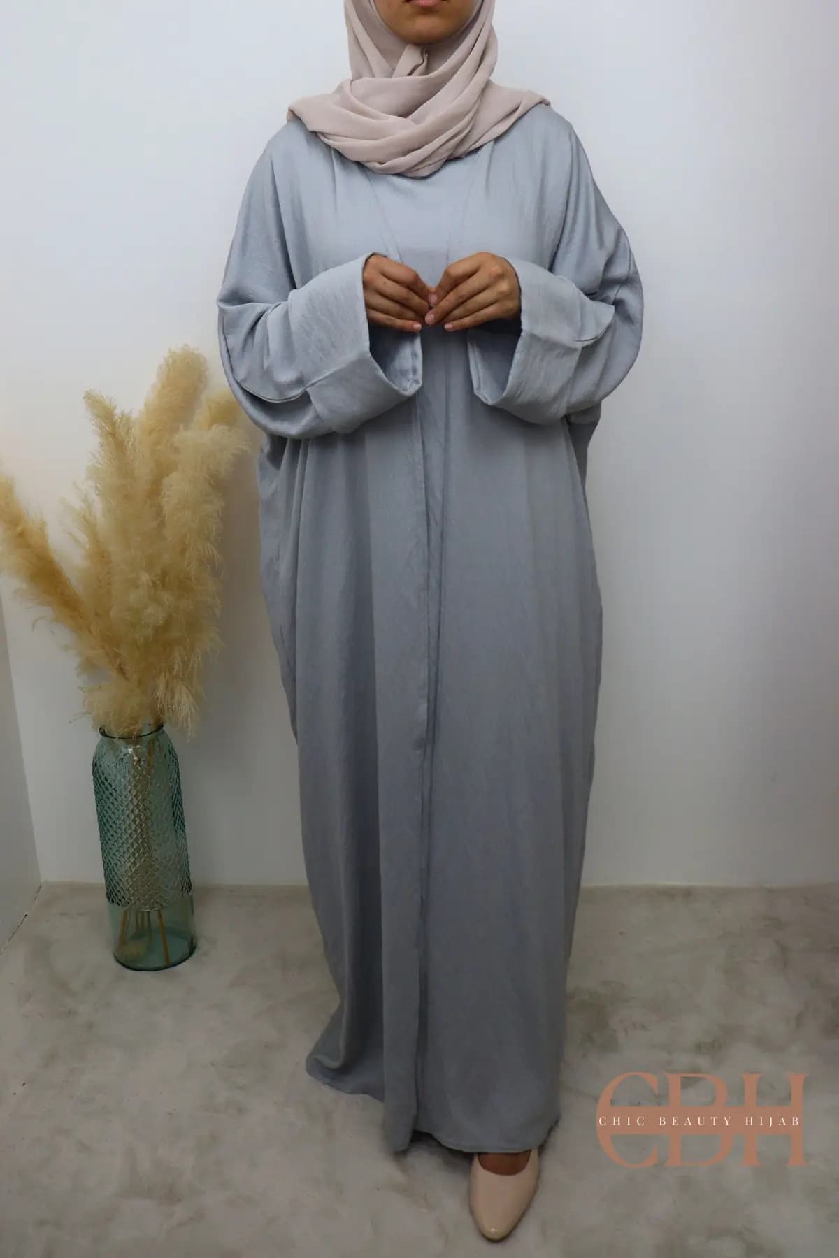Abaya Kimono 2 pièces effet Lin Gris – Image 7