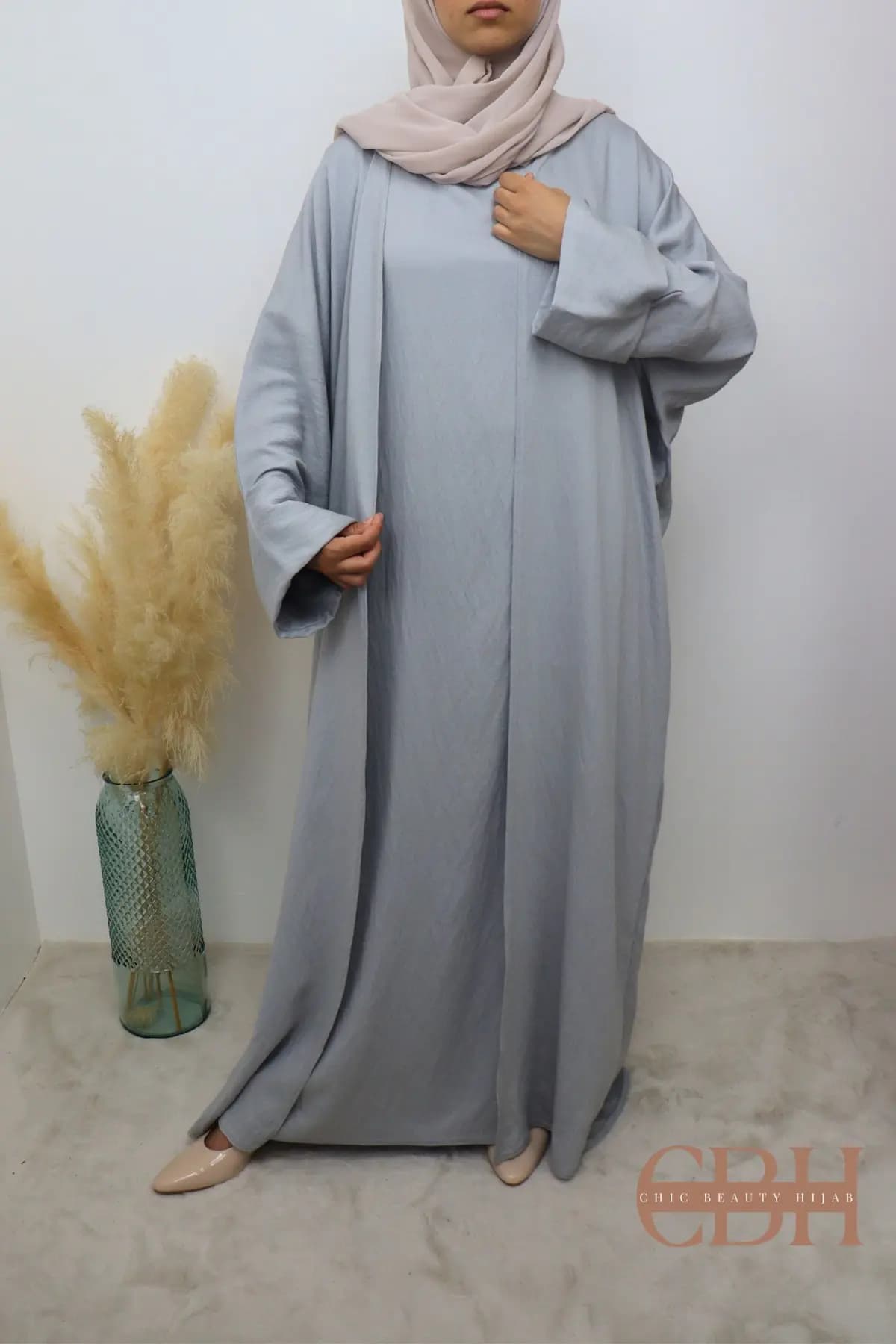 Abaya Kimono 2 pièces effet Lin Gris – Image 8