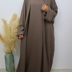 Abaya Kimono 2 Pièces effet Lin Taupe