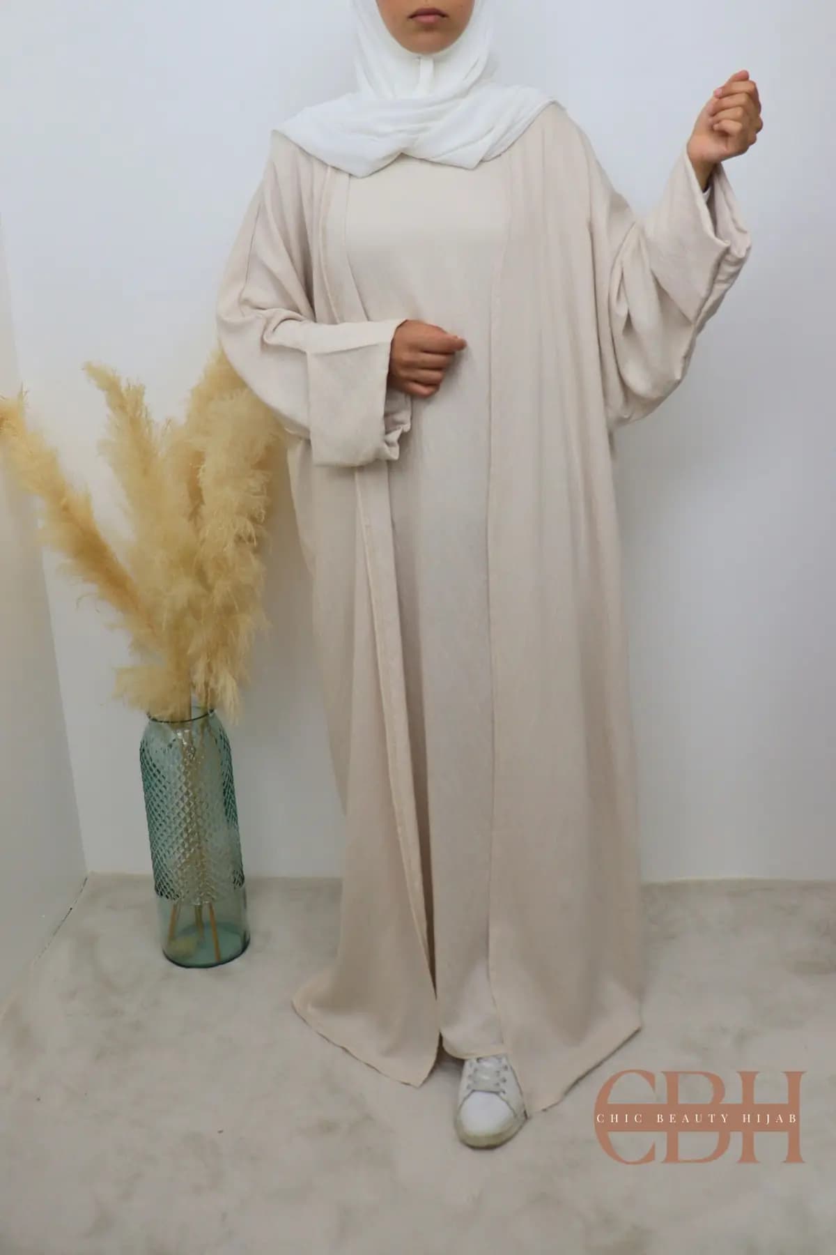 Abaya Kimono 2 pièces effet Lin Crème – Image 4