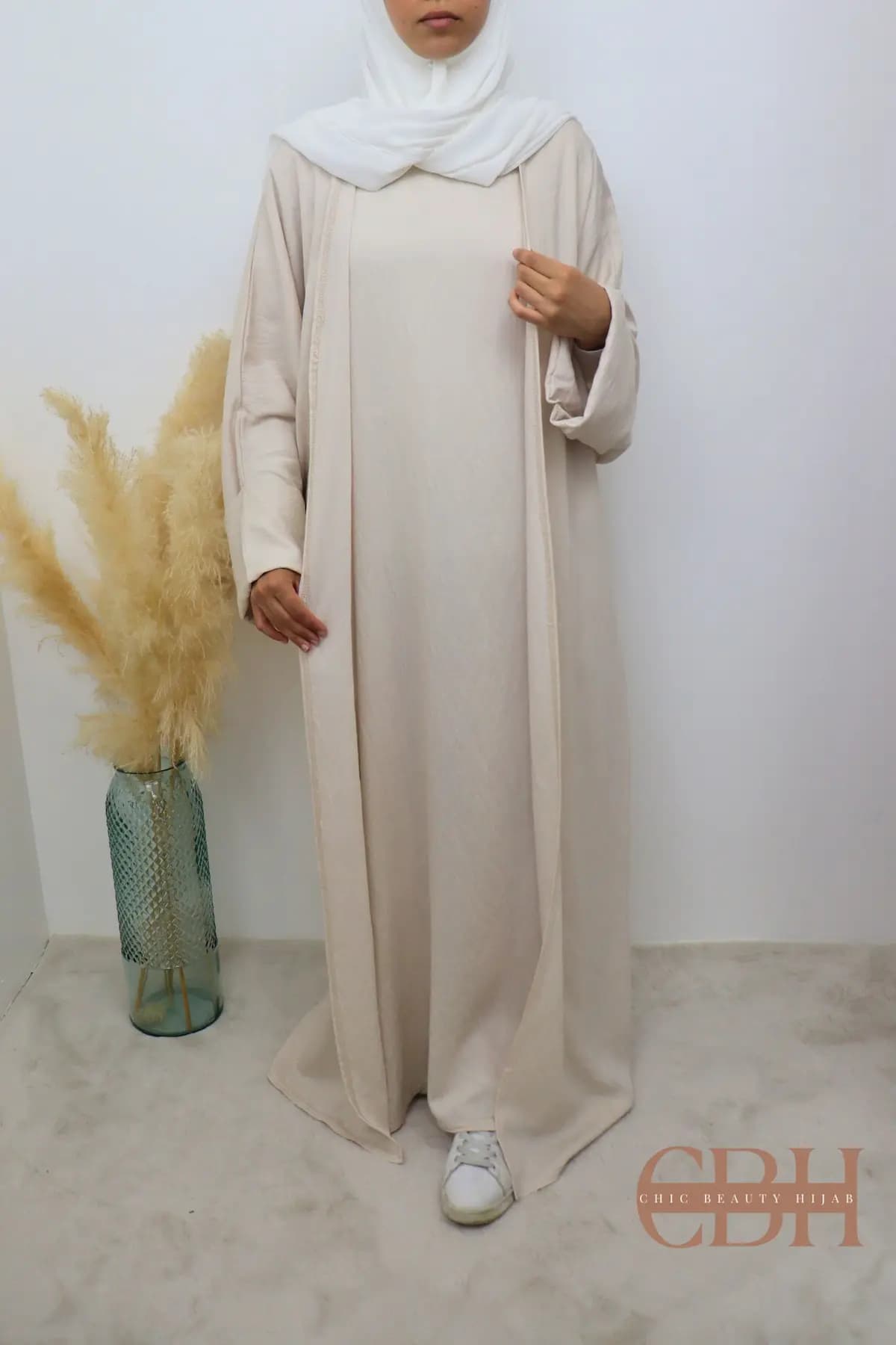 Abaya Kimono 2 pièces effet Lin Crème – Image 5