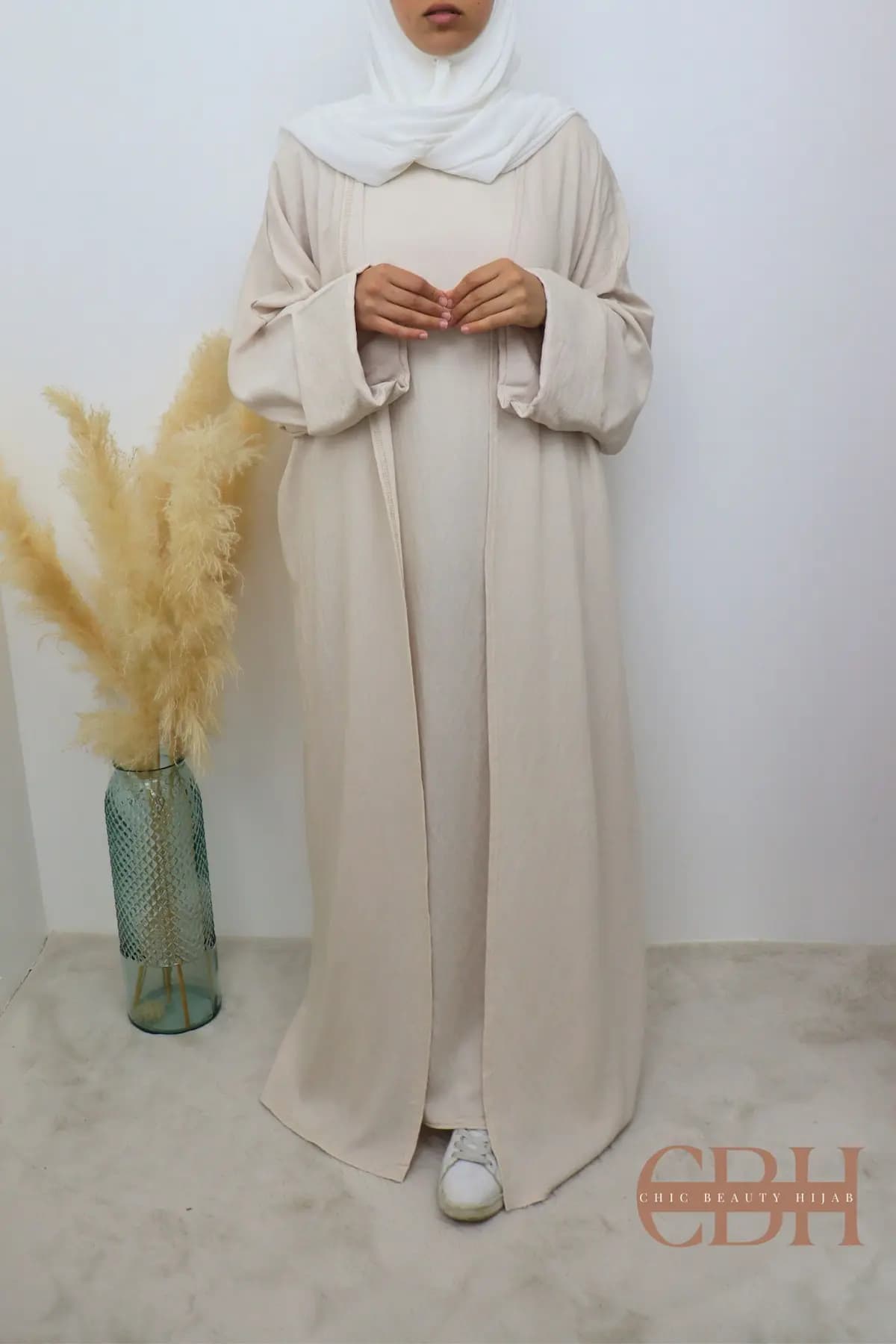 Abaya Kimono 2 pièces effet Lin Crème – Image 6