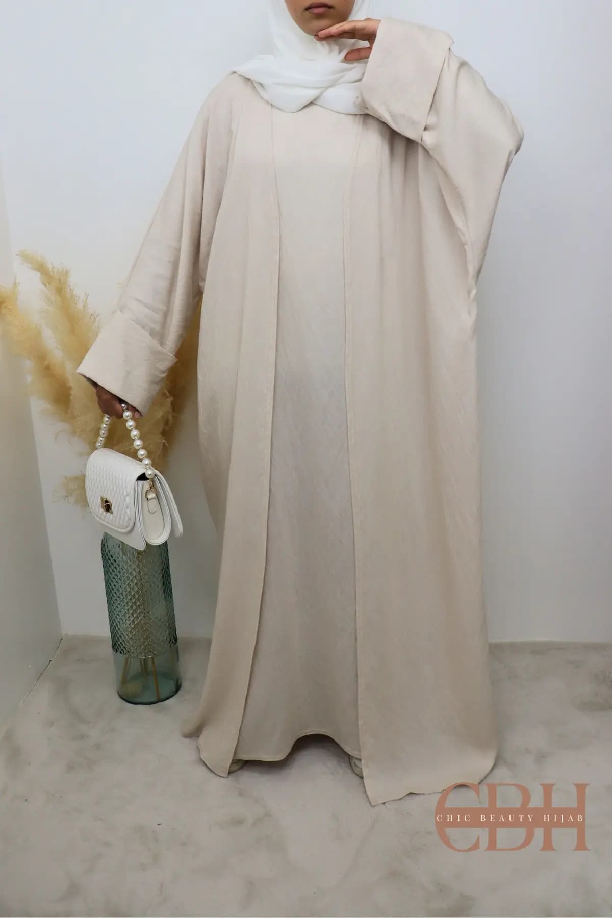 Abaya Kimono 2 pièces effet Lin Crème – Image 7