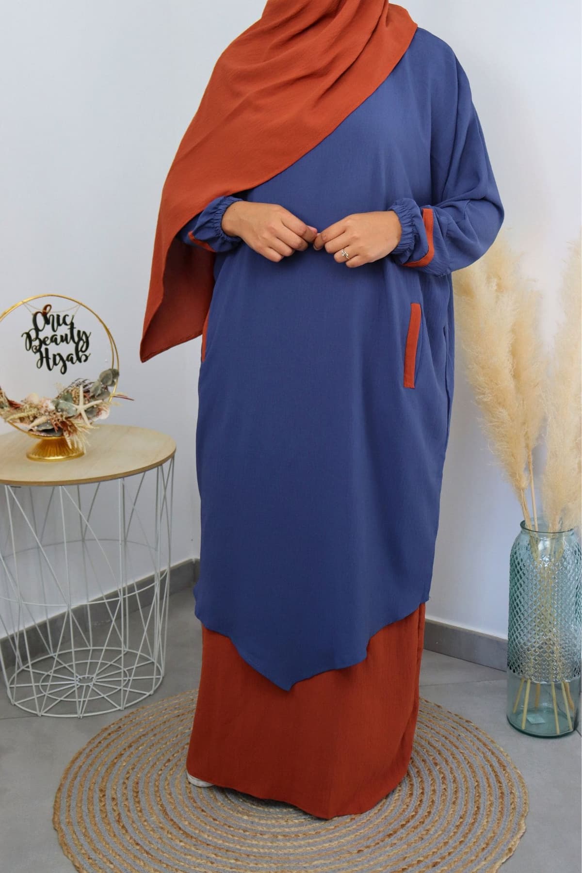 Abaya 3 pièces Myriam bleue orange